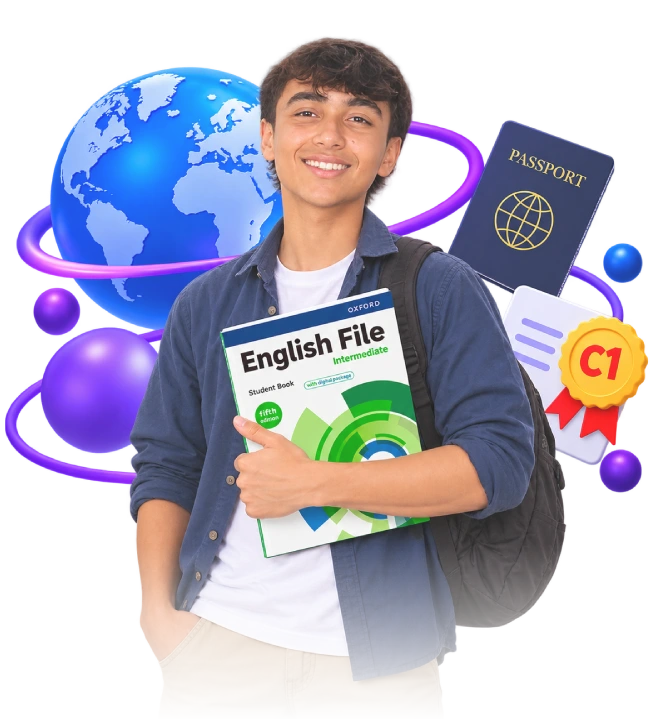 Estudiante con un libro de inglés junto al planeta, un pasaporte y una insignia C1